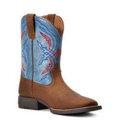 'Ariat' Youth Double Kicker Square Toe - Distressed Brown / Stone Blue -Fashion Shoes S22 YTH WEST 10040247 medial 1024x1024@2x